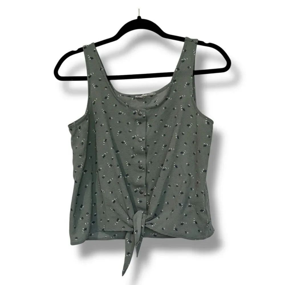 Pink Rose Green Floral Printed Tank Top Women’s Size M Front Tie Blouse